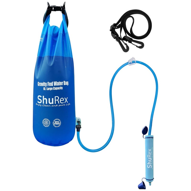 ShuRex Gravity Fed Water Filtration System with Adjustable Tree Strap, 1.5 Gal Large Gravity Bag with Filter Straw, Water Purifier Survival for Travel, Backpacking, and Emergency Preparedness (6L) - Image 1